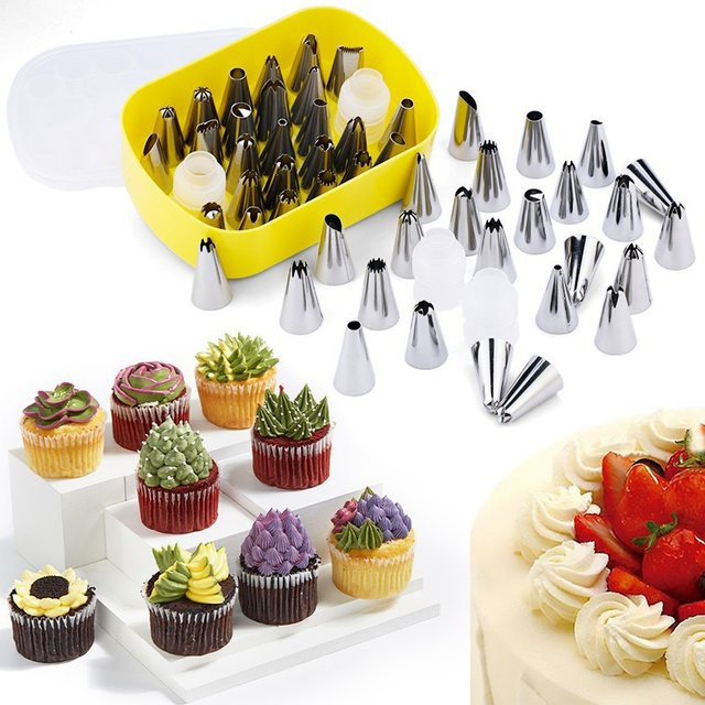 XMSJ Paspelspitzen-Set aus Edelstahl in Silber mit 24 Zuckergussdüsen und 2 Konvertern für Kuchen, Cupcakes und Kekse, 26-teiliges DIY-Backzubehör mit Aufbewahrungsbox - Bild 1