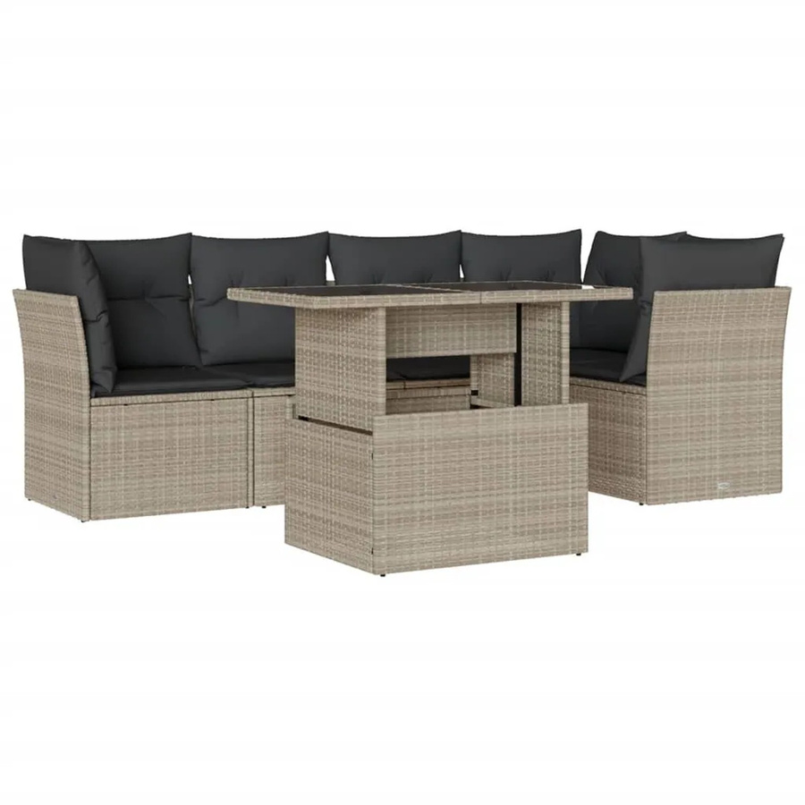 vidaXL 6-teilige Garten-Sofagarnitur aus Poly-Rattan in Hellgrau mit Kissen aus Polyester - Bild 2