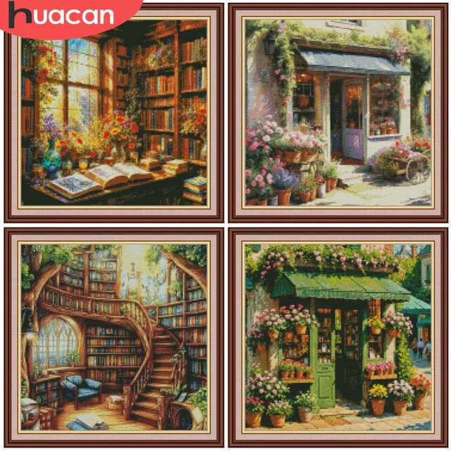 HUACAN Stickerei-Set Hauslandschaft mit Bücherregal und Laden, Kreuzstich-Set auf bedruckter Leinwand, Multicolor - Bild 1