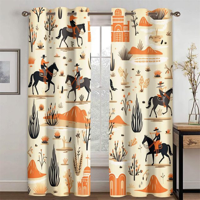 Okzident Muster Vorhänge mit abstraktem Pflanzen- und Cowboy-Motiv, 2er-Set, Schwarz/Mehrfarbig, Breite: 50 cm, Höhe: 130 cm - Bild 1