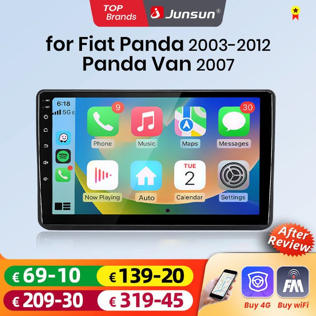Junsun Android Auto Autoradio für Fiat Panda 2003-2012 und Panda Van 2007 mit 9.0 IPS Touchscreen, Wireless Apple CarPlay und Multimedia Videoplayer, Schwarz, 2 Din - Bild 1