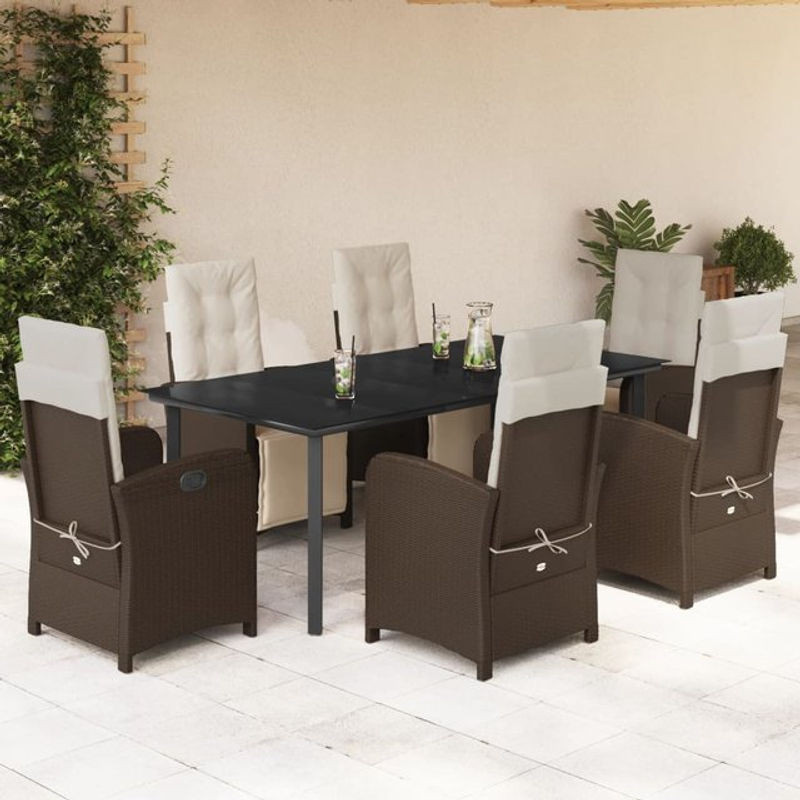 Vidaxl Gartenmöbel-Set aus Polyrattan mit Kissen und Glas, 7-teilig, Braun - Bild 1