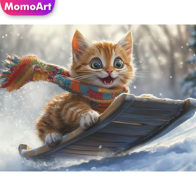 Momoart 5D Diamant-Mosaik Katze DIY Bastelset mit Runddiamanten in Multicolour, Motiv Winter - Bild 1