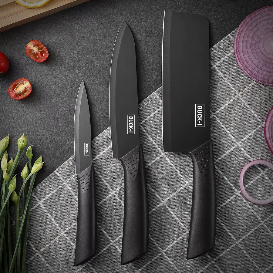 SHENJIU Küchenmesser-Set in Schwarz mit Messerblock inklusive Hackmesser, Kochmesser und Obstmesser zum Schneiden von Fleisch und Gemüse - Bild 2