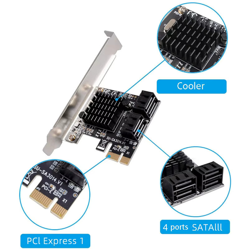 OULLX PCIe zu SATA 3.0 Erweiterungskarte mit 4 Anschlüssen, Konverter für HDD und SSD, Schwarz - Bild 2