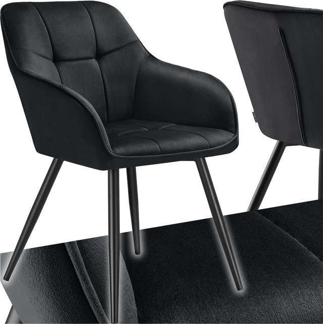 tectake Esszimmerstuhl Marilyn gepolstert in Samtoptik mit Steppmuster und Stahlbeinen, Schwarz, B: 58 cm, T: 62 cm, H: 82 cm - Bild 1