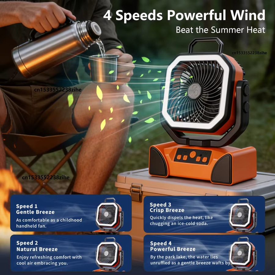 Raugee Campingventilator mit 40000mAh Akku, tragbarer USB-wiederaufladbarer Tischventilator und Deckenventilator mit LED-Licht und Fernbedienung, Schwarz/Orange - Bild 3