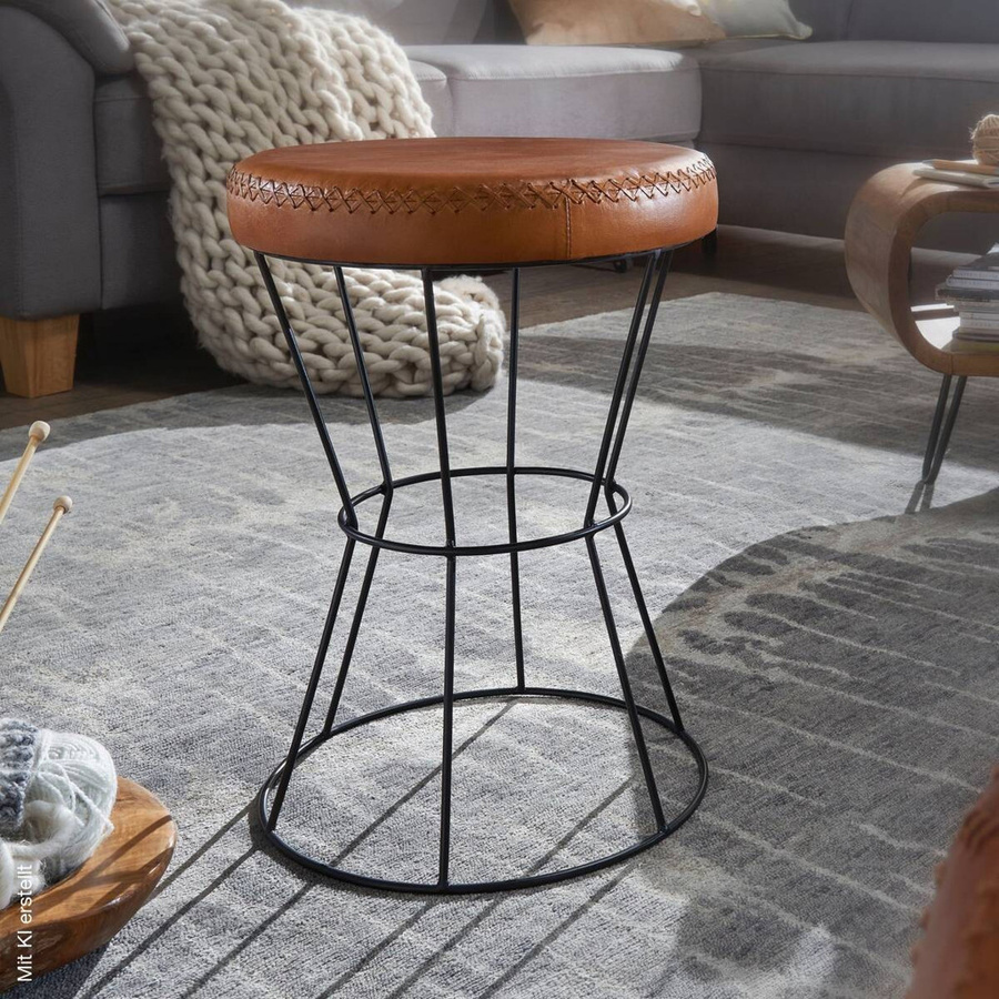 Wohnling Sitzhocker aus Leder und Metall in Braun und Schwarz B/H/T: 35 x 48 x 35 cm - Bild 3