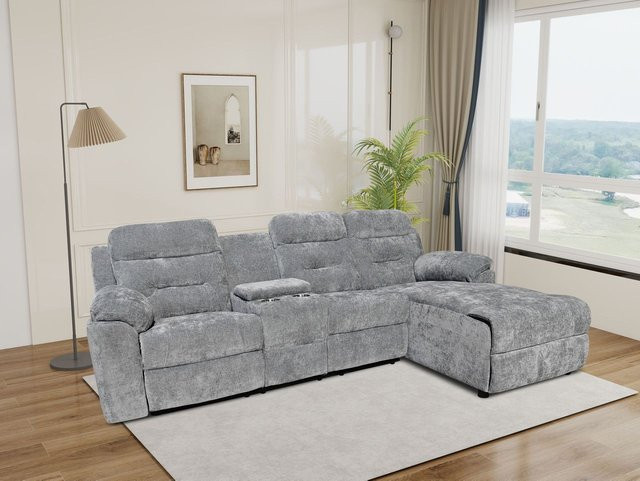 Happy Home Relax-Ecksofa mit Multifunktionstisch aus Chenille und Mikrofaser, Grau, B/T/H: 255 x 157 x 101 cm - Bild 1