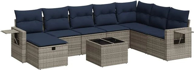vidaXL 9-teilige Garten-Sofagarnitur aus grauem Poly-Rattan mit Kissen und pulverbeschichtetem Stahlgestell - Bild 1
