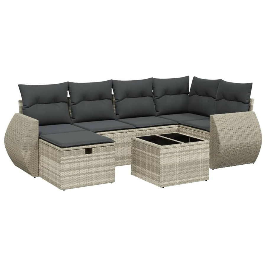 vidaXL 7-tlg. Garten-Sofagarnitur in L-Form mit Kissen und Couchtisch, Hellgrau, Poly Rattan und Metallrahmen - Bild 2