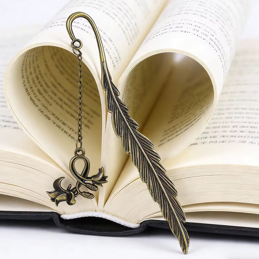 Vintage Metall-Lesezeichen in Bronze mit Feder und Blumenanhänger für Bücher und Tagebücher - Bild 3
