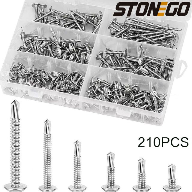 STONEGO Bohrschwanzschrauben Set aus 410 Edelstahl, 210 Stück selbstschneidende Flachkopfschrauben in Silber - Bild 1
