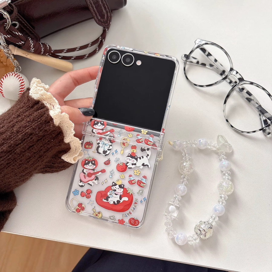 Transparente Handyhülle mit Cartoon-Musik Meow Star Design für Samsung Galaxy Z Flip 7 6 5 4 3 inklusive Scharnierabdeckung und Lanyard - Bild 4