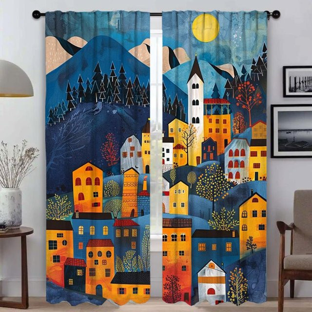 Bergstadt Küchenvorhänge Set aus 2 Stück, moderne Verdunkelungsvorhänge mit Naturmotiv in Blau, Breite: 50 cm, Höhe: 70 cm - Bild 1