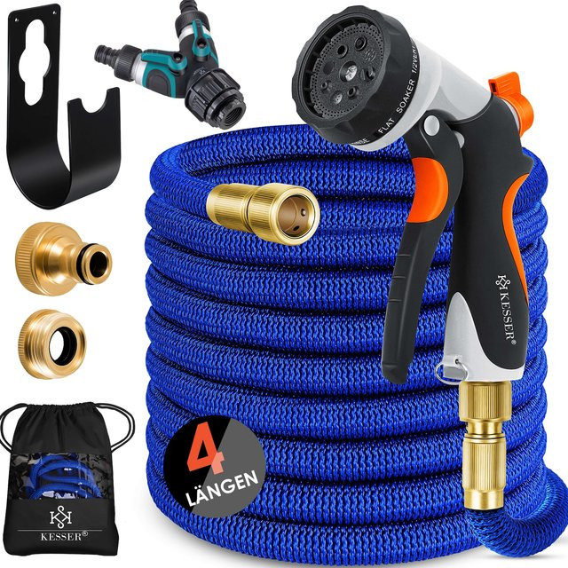 KESSER Premium Flexibler Gartenschlauch in Blau mit Wandhalterung und Durchflusssteuerung aus Messing - Bild 1