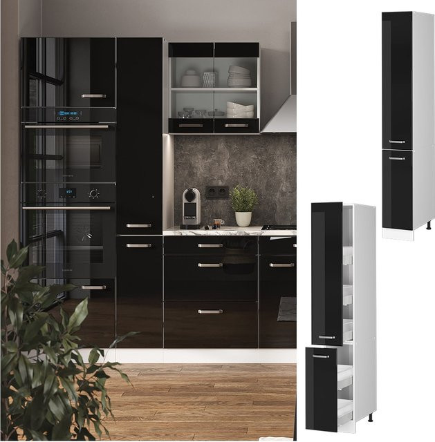 Vicco Apothekerhochschrank R-Line Küchenschrank modern Weiß Schwarz B: 30 cm, H: 207 cm, T: 57,2 cm - Bild 1