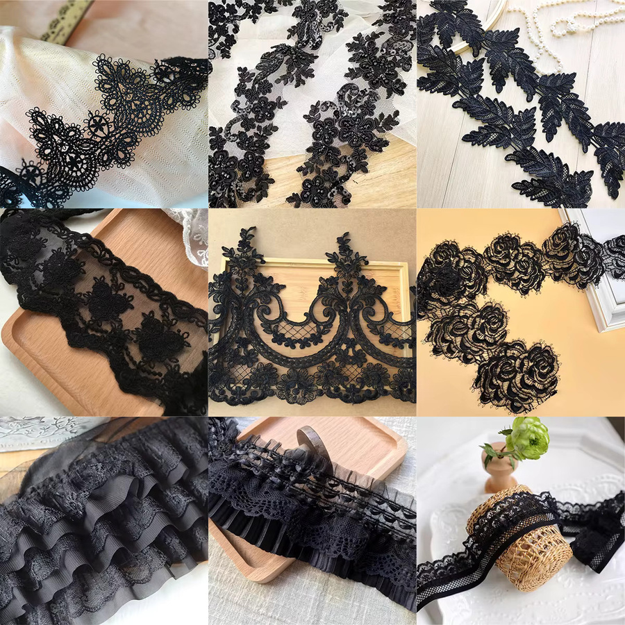 HYZELY Spitzenbesatzband mit Stickerei in Schwarz für DIY-Kleidung und Bastelarbeiten, 1 Yard - Bild 2