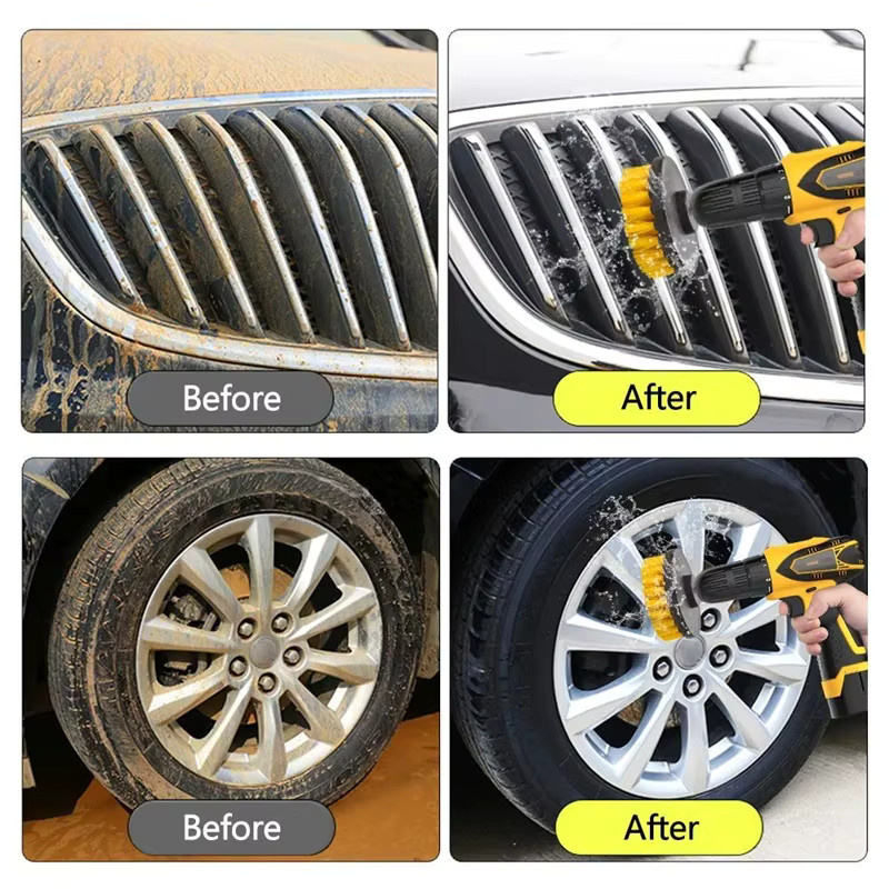 Untior Elektrisches Reinigungsbürsten-Set aus Kunststoff mit Nylonborsten in Weiß und Gelb für Teppich, Glas und Auto, 3er-Set - Bild 4