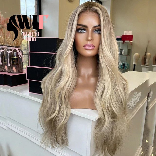 WIF Synthetische Spitzeperücke, Wellige Ombre Blonde, Langer Haaransatz - Bild 1