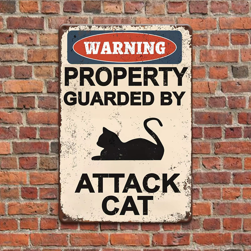 HELLOYOUNG Warnschild Angriffs Katze Vintage Wandplakette aus Metall in Weiß für die Außenwand - Bild 6