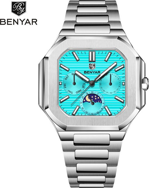 BENYAR Armbanduhr Quarz, Edelstahl, eckig, Blau, Herren - Bild 1