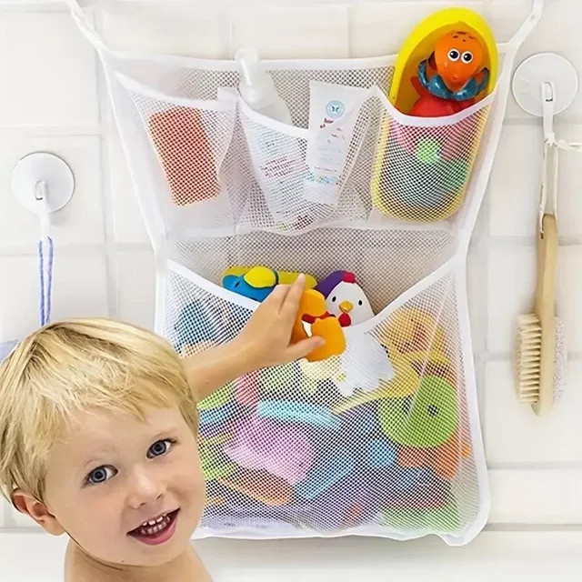 Vvocci Badezimmer Organizer für Baby Spielzeug aus Mesh mit starken Saugnäpfen, Weiß/Blau, B: 45,0 cm, H: 33,0 cm - Bild 1