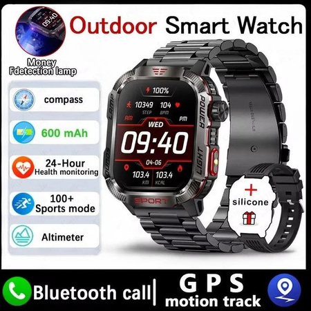 Militär-GPS-Smartwatch für Herren mit Kompass, Taschenlampe und Bluetooth-Anruffunktion, wasserdicht, Farbe: Schwarz mit Stahlarmband