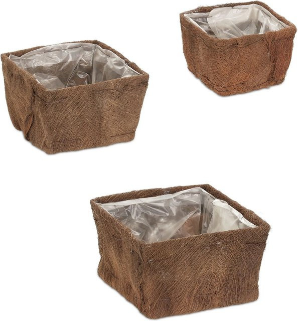 Relaxdays Blumentopf 3er Set aus Tannenholz und Kokosfaser in Braun, quadratisch, B/T/H: 14,5 x 23,5 x 23,5 cm - Bild 1