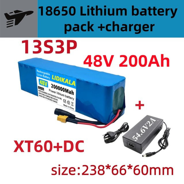Ddadache Lithium-Ionen-Akkupack 48V 200000mAh 2000W 13S3P für 18650 Zellen mit BMS und 54,6V Ladegerät in Blau - Bild 1