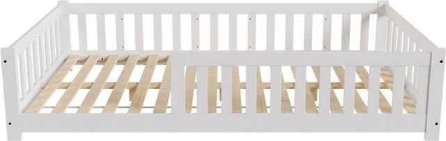 Juskys Kinderbett Naya Montessori Bodenbett aus Massivholz in Weiß, B: 120 cm, T: 200 cm - Bild 1