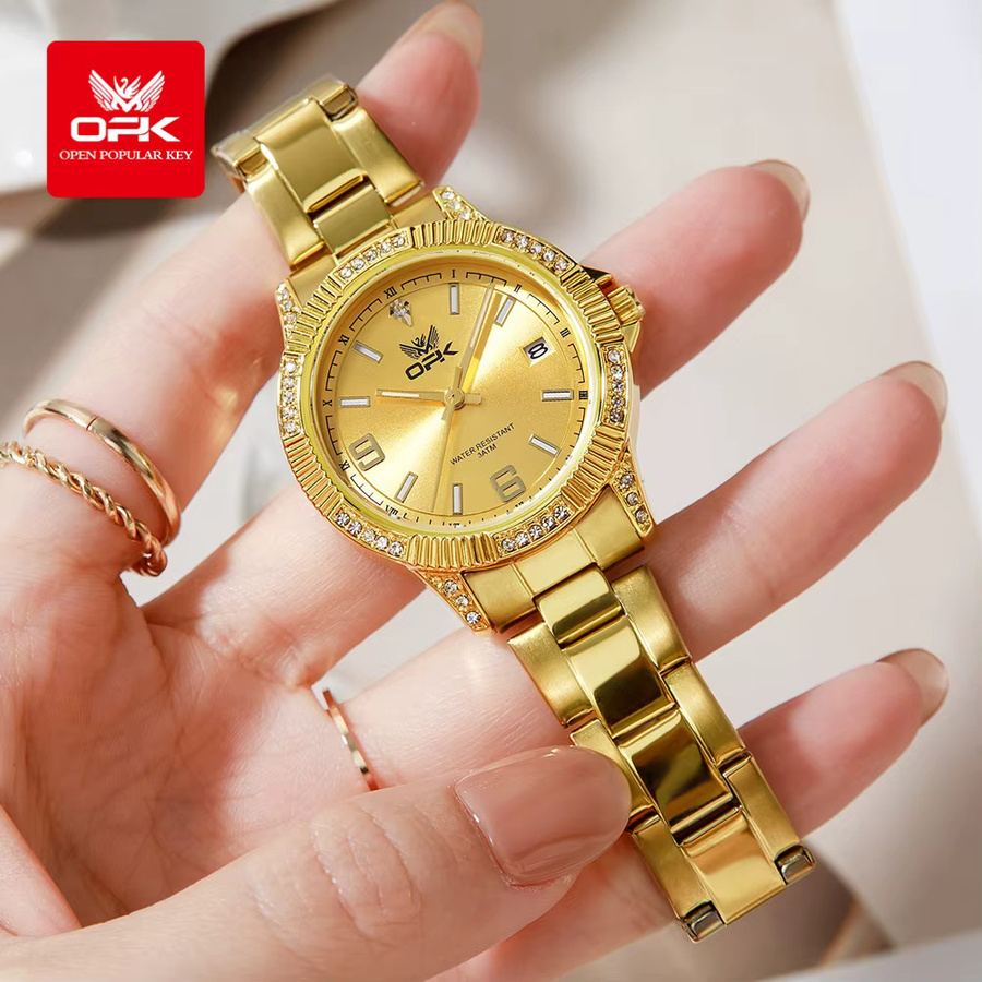 OPK Armbanduhr Damen, Quarz, Edelstahl, Gold, Diamantbesetzt, Rund - Bild 2