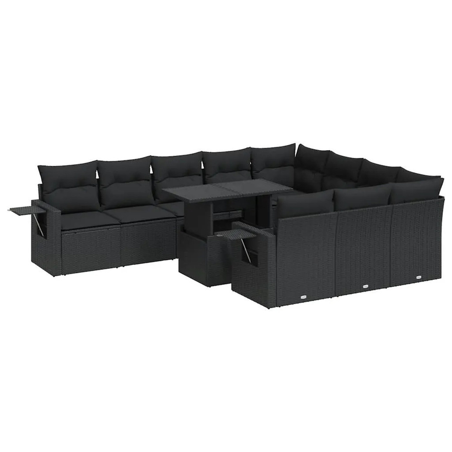 vidaXL 11-tlg. Garten-Sofagarnitur in L-Form aus schwarzem Poly-Rattan mit Kissen und pulverbeschichtetem Stahlgestell - Bild 2