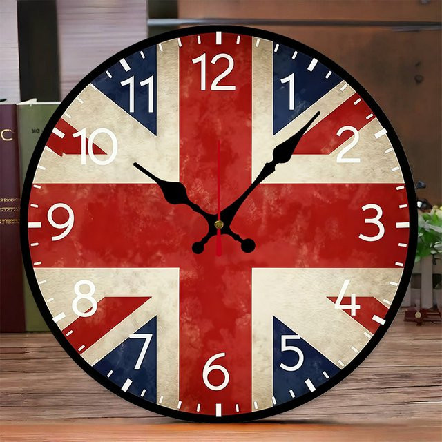 Runde Wanduhr aus Holz mit Flaggen-Design in Multicolour, geräuschloses analoges Zifferblatt für Wohnzimmer, Büro und Schlafzimmer - Bild 1