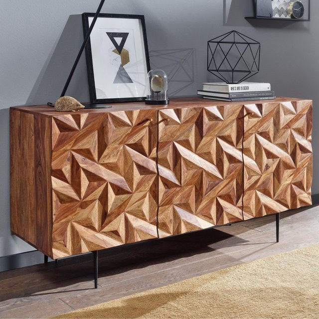 Finebuy Sideboard aus Massivholz Sheesham mit 3 Türen im Retro 3D Design, Farbe Braun/Schwarz, Breite: 145 cm - Bild 1