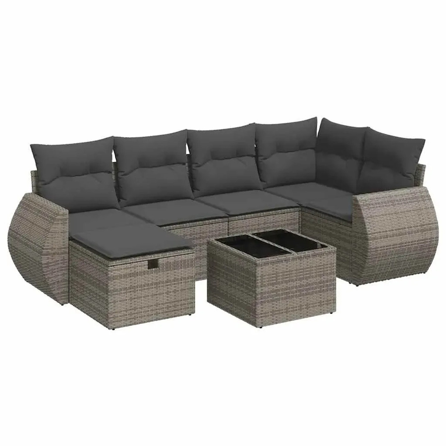 vidaXL 7-teilige Garten-Sofagarnitur in L-Form aus grauem Poly-Rattan mit Kissen und Couchtisch - Bild 2