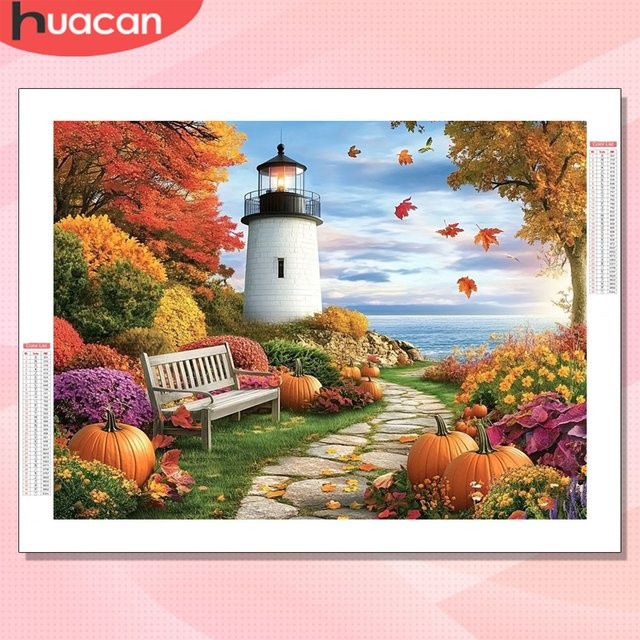 HUACAN Diamond Art Komplettset Leuchtturm-Landschaft im Herbst-Design, 5D Diamant-Mosaik-Gemälde mit runden Steinen in Multicolour, B/H: 30 x 20 cm - Bild 1