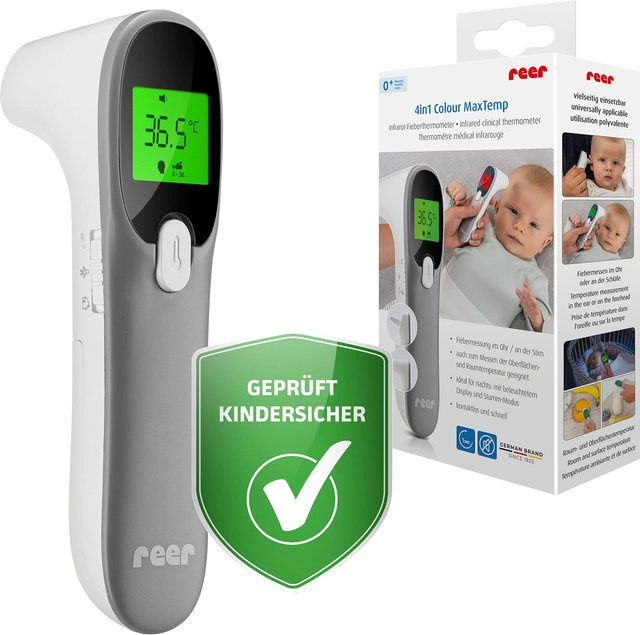 Reer 4in1 Infrarot-Fieberthermometer Colour MaxTemp für Ohr- und Stirnmessung in Weiß Grau - Bild 1