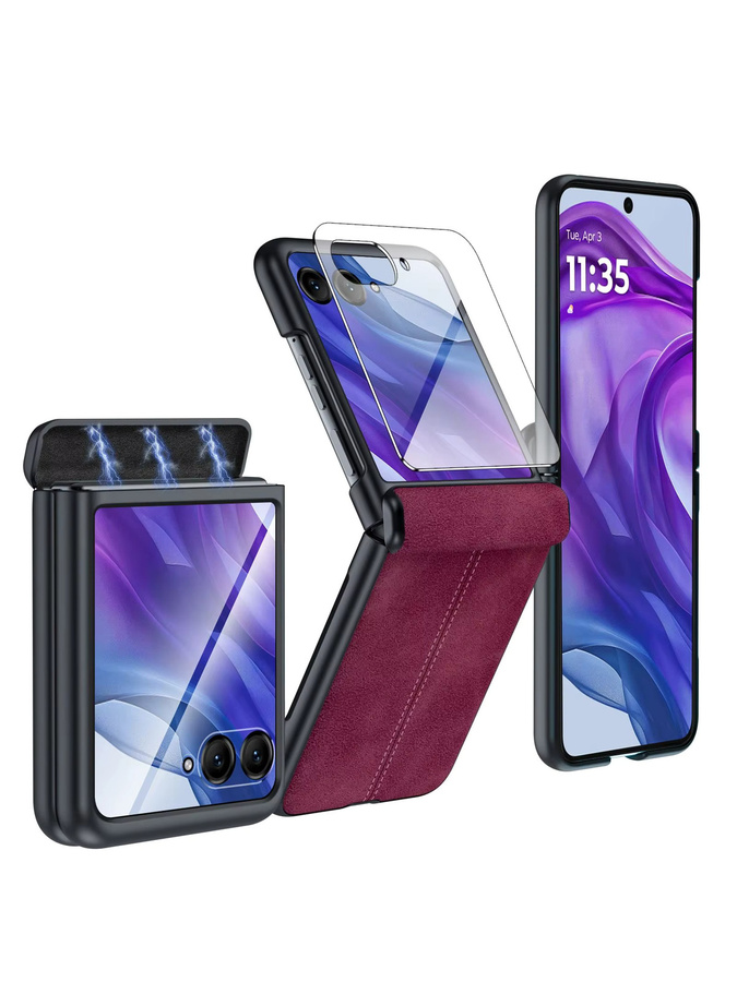 BANGZAO Schutzhülle für Motorola Razr 60 2025 und Razr 50 2024 mit Scharnierschutz, stoßfeste Handyhülle aus PU-Leder in Rot und Lila - Bild 7