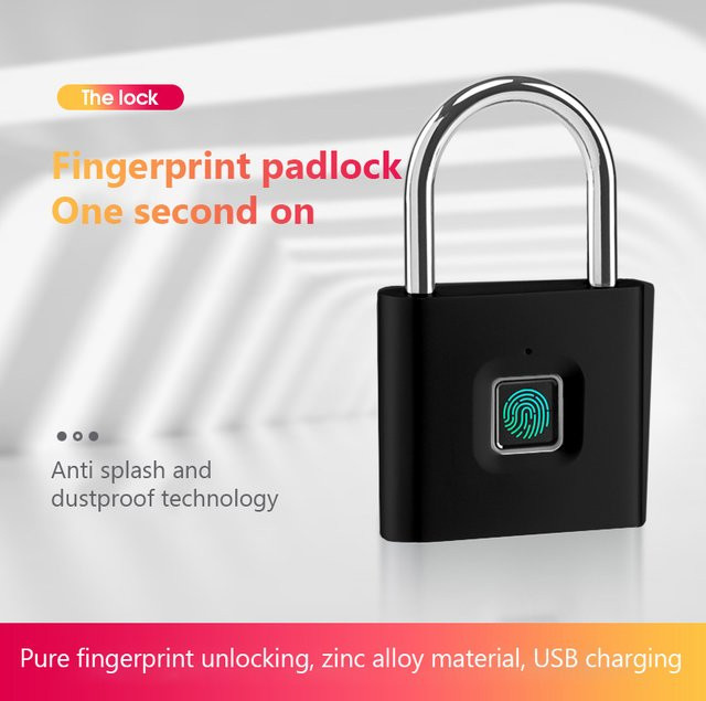 Intelligentes Fingerabdruck-Vorhängeschloss aus Zinklegierung und Metall, wasserdichtes Mini-Türschloss mit USB-Ladefunktion, Schwarz - Bild 1
