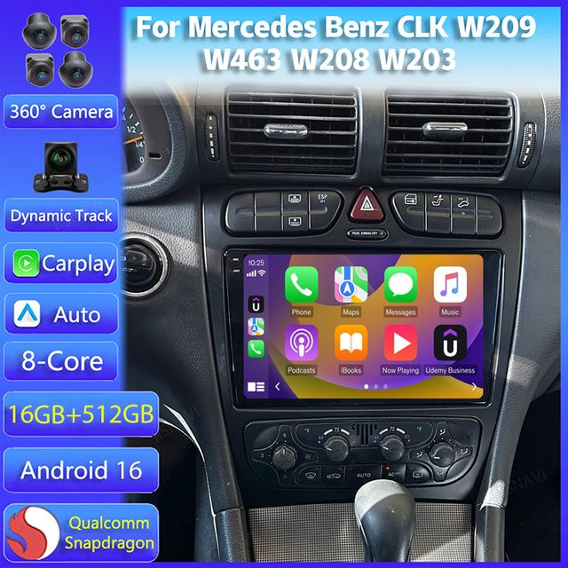 RSNAVI Android 16 Multimedia Auto-Radio-Player für Mercedes Benz CLK W209 W463 W208 W203 mit CarPlay, WLAN und 4G, 8-Kern DVD Stereo-Haupteinheit, Schwarz - Bild 1