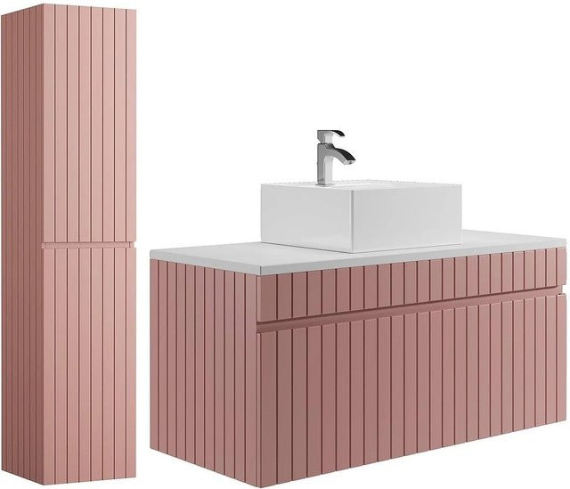 Vente-unique Badmöbel-Set Satara in Puderrosa mit Aufsatzwaschbecken und Hochschrank, Breite: 100 cm - Bild 1