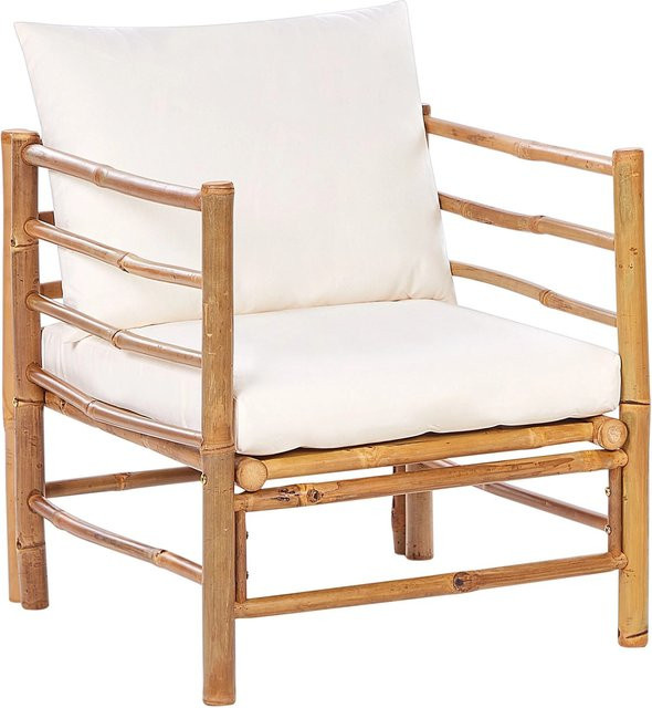 Beliani Gartenstuhl in Weiss und hellem Holzfarbton im Boho-Stil mit Armlehnen, B/T/H: 68 x 63 x 80 cm - Bild 1