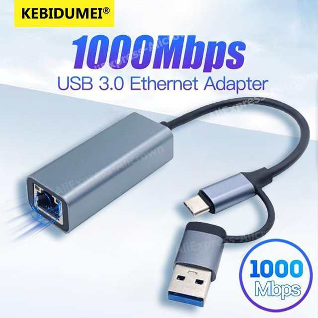 Kebidumei USB zu Ethernet Adapter mit USB-A und USB-C Anschlüssen, 1000Mbps RJ45 LAN Netzwerkkarte für Laptop und PC - Bild 1