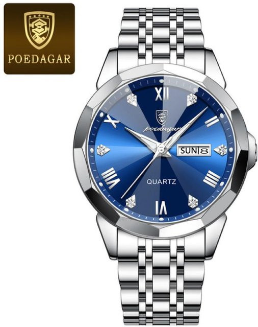 POEDAGAR Armbanduhr, Quarz, Edelstahl, Blau, Silber, Herren - Bild 1
