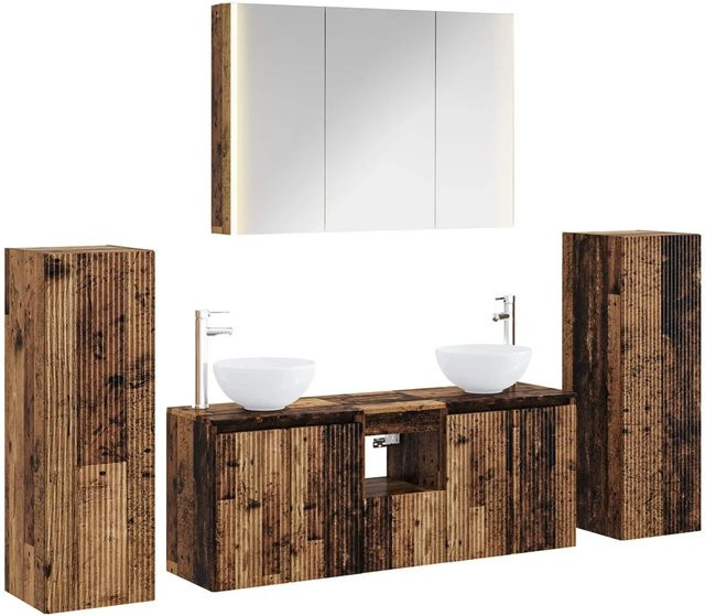 6-teiliges vidaXL Badezimmermöbel-Set aus Altholz und Glas in Braun mit LED-Beleuchtung und Spiegelschrank - Bild 1