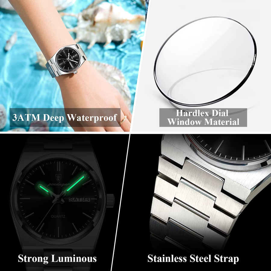 POEDAGAR Armbanduhr Quarz, Edelstahl, Silber, Schwarz, Damen - Bild 4