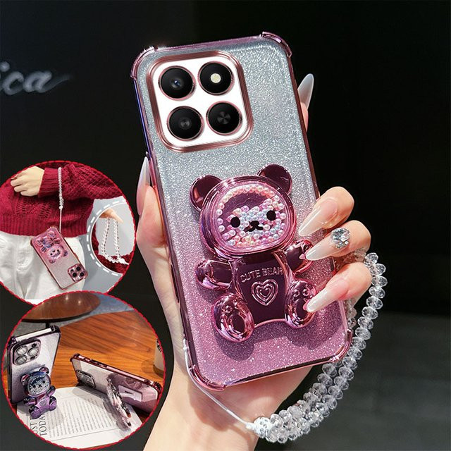 Stoßfeste Handyhülle für Honor X7d X7c 200 Smart mit 3D-Bär-Ständer und Kristallketten-Lanyard, transparent pink - Bild 1