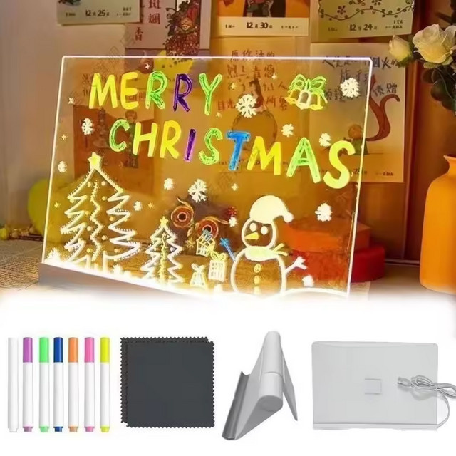 LINYILIGHT DIY Acryl Message Board LED Notiztafel mit Nachtlicht und 7 bunten Stiften, Transparent/Weiß - Bild 1