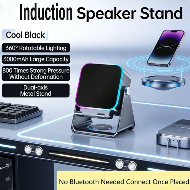 VIKEFON 5-in-1 Tragbarer Bluetooth 5.3 Lautsprecher mit RGB-Licht, Wireless-Induktion und Telefonhalter in Schwarz/Mehrfarbig - Bild 1